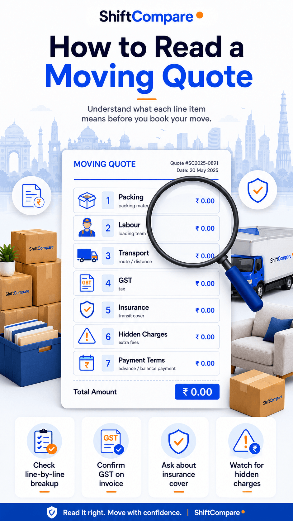 How to read a moving quote infographic with packing, labour, transport, GST, insurance, hidden charges and payment terms